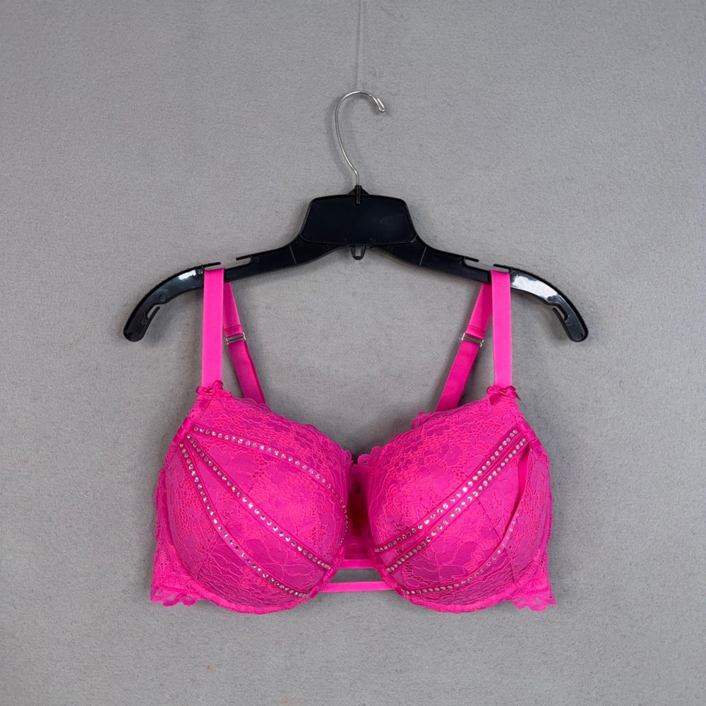 Cacique Balconette Bra Women 40DDD Pink Lace Rhinestone Boost Intimates Glamour